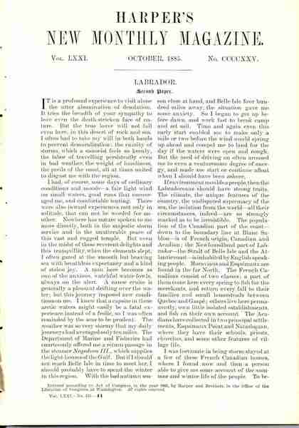 "Labrador. Second Paper" Harper's New Monthly Magazine, v. LXXI, n. CCCCXXV