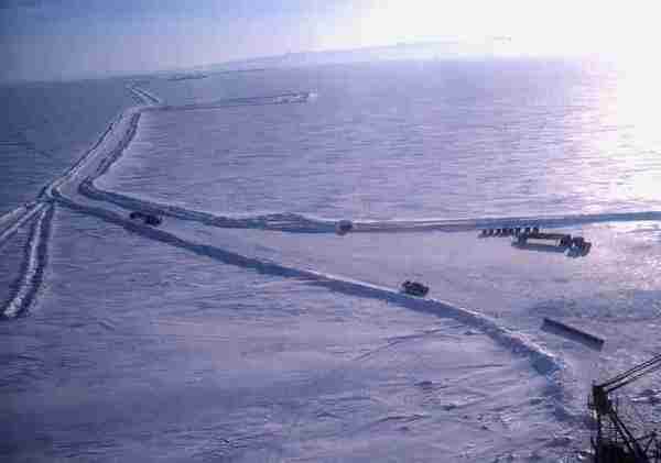 Aerial view of ice road. – Arctic Ocean.