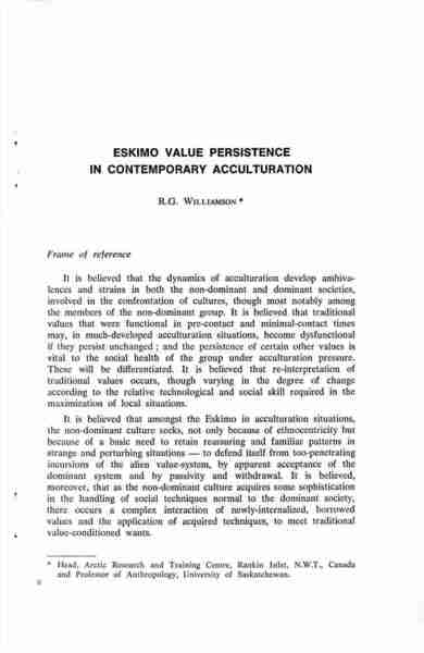 "Eskimo Value Persistence in Contemporary Acculturation." Article by R.G. Williamson.