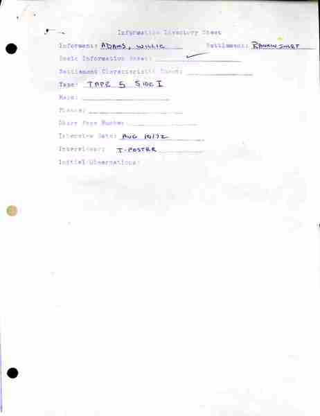 Inventory Information Sheets, file: Willie Adams. [R]
