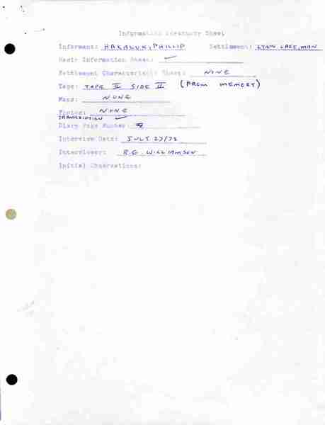 Inventory Information Sheets, file: Phillip Hakaluk. [R]