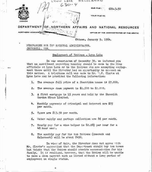 Lyn Lake Relocation, memos and correspondence on Eskimo employment and housing.