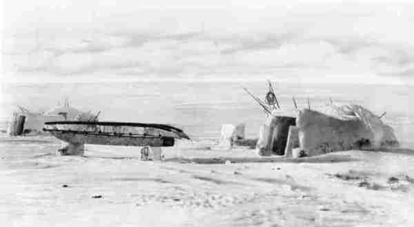 Snow Huts and Sled, Eskimo Settlement